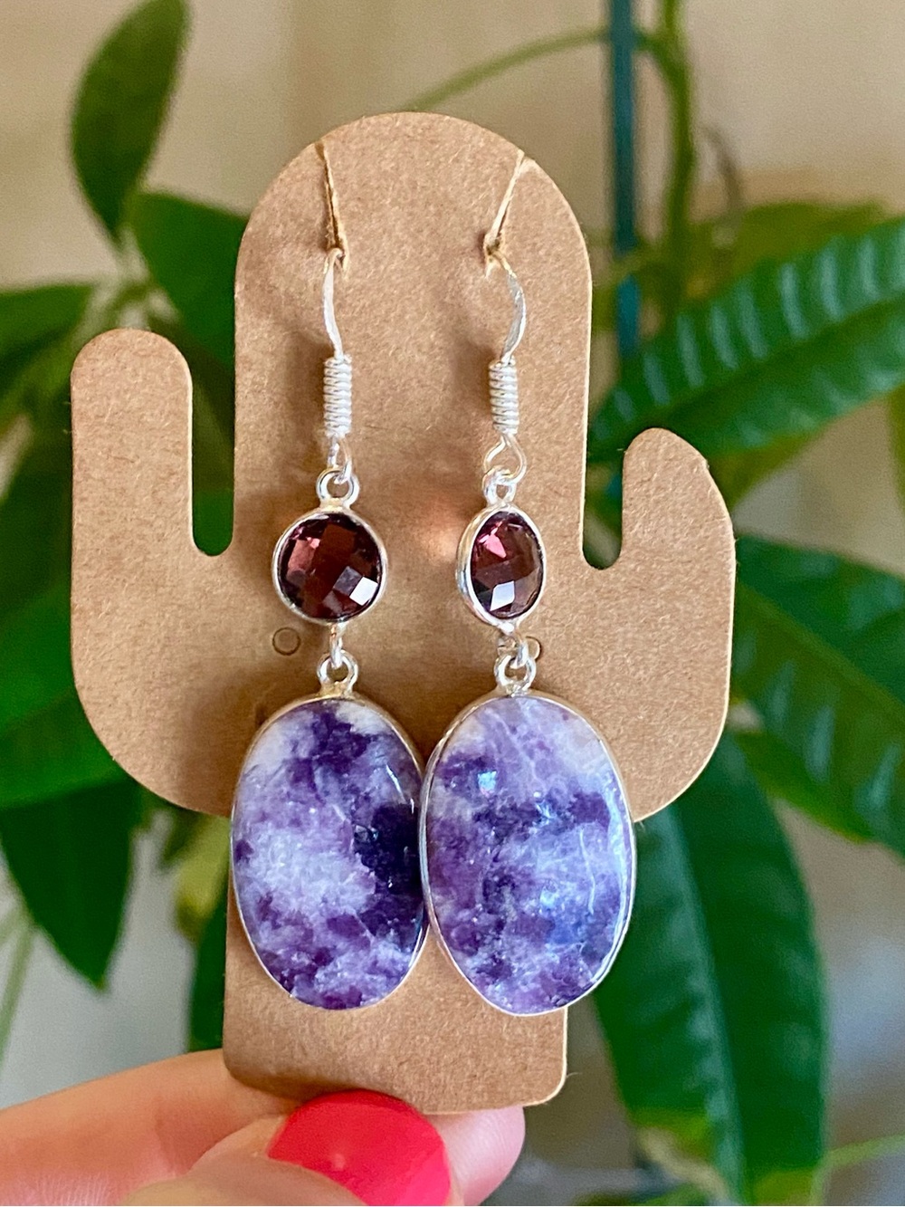 925 Sterling Silver Purple Lepidolite & Amethyst Crystal Dangle Earrings